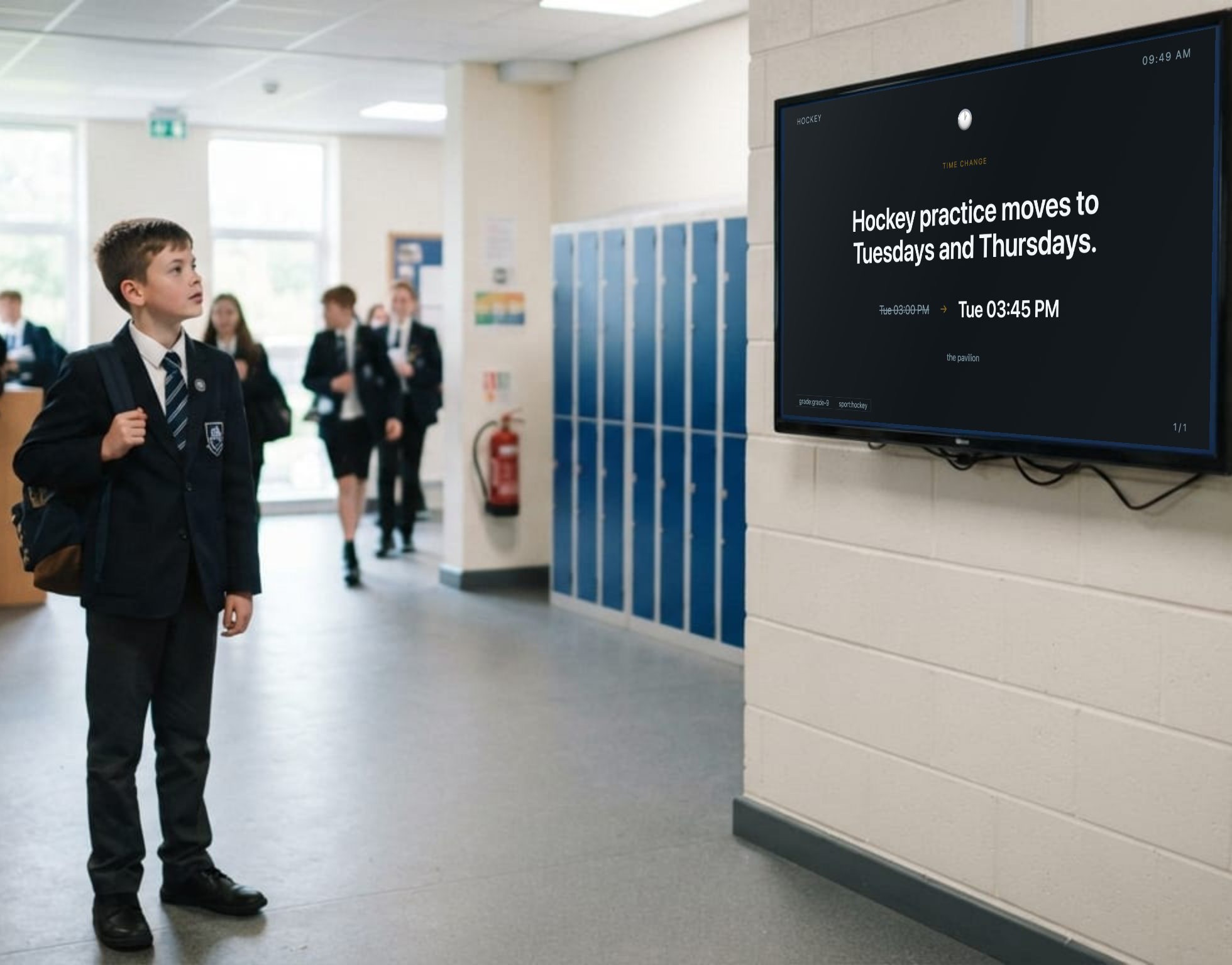 A learner in school uniform stopping to read a wall-mounted screen in a
                  corridor. The screen is running Corkless: its header reads Hockey, and the
                  notice says hockey practice moves to Tuesdays and Thursdays, at the pavilion,
                  with Tuesday 3:00 pm struck through and Tuesday 3:45 pm beside it. It is
                  tagged grade 9 and hockey.