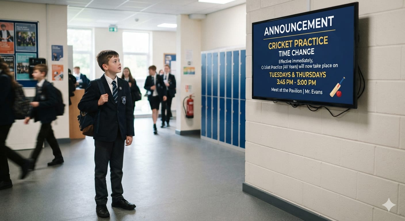 A pupil in school uniform stopping to read a wall-mounted screen in a corridor.
                The screen shows an announcement that cricket practice has moved to Tuesdays and
                Thursdays, 3:45 to 5:00 pm, meeting at the pavilion.